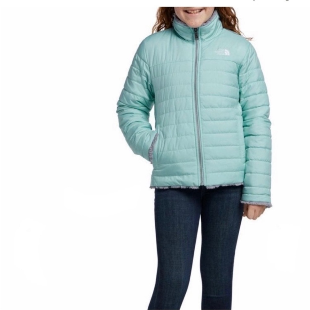 The North Face XL blue Gray Mossbud Swirl Reversible Puffer jacket fleece